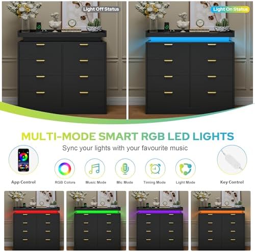 knoworld 8 Drawer Dresser for Bedroom, Black Dresser with LED Lights and Power Outlet, Large Wooden Dressers Modern Chest of Drawers, Double Wide 9 Drawer Dressers for Bedroom, Entryway, Hallway