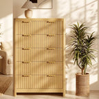 Fluted 47" Tall Dresser for Bedroom with 5 Drawers, Modern Chest of Drawers with Metal Handle & Deep Storage, Wood Closet Clothes Storage Organizer for Living Room & Hallway, Natural Oak Dresser