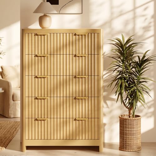 Fluted 47" Tall Dresser for Bedroom with 5 Drawers, Modern Chest of Drawers with Metal Handle & Deep Storage, Wood Closet Clothes Storage Organizer for Living Room & Hallway, Natural Oak Dresser