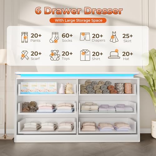 6 Drawer Dresser for Bedroom,47.24"Long White Chest of Drawers w/LED Lights