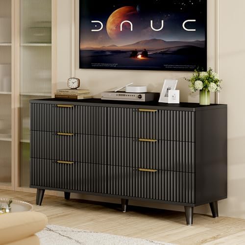 Wood Tall 6 Drawers Dresser, 53.2" W Fluted Modern Dressers for Bedroom