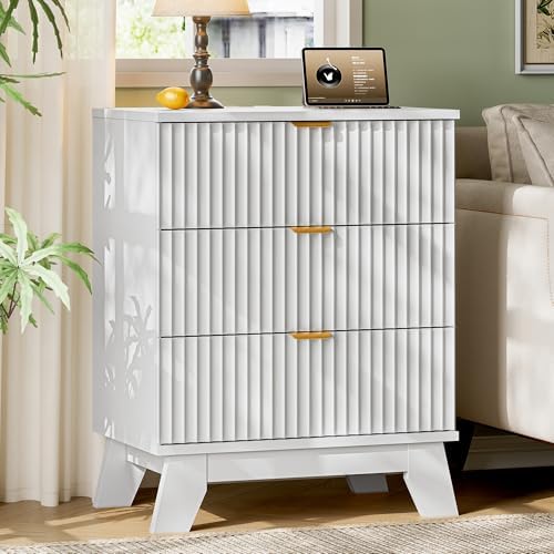 Xixini Fluted Nightstand with Charging Station, Tall Bedside Table, White