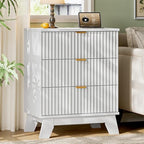 Xixini Fluted Nightstand with Charging Station, Tall Bedside Table, White