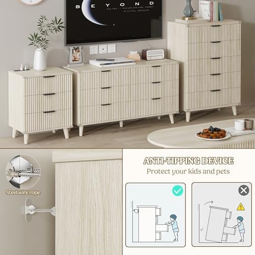 Lulive 3 Drawers Dresser with Socket, Modern Wooden NightStands