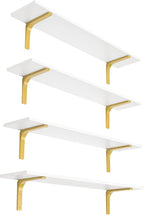 DINZI LVJ Long Wall Shelves, 31.5" Wall Mounted Shelves Set of 4, Large Floating Shelves with Metal Brackets, for Living Room, Bathroom, Bedroom, Kitchen, White and Gold