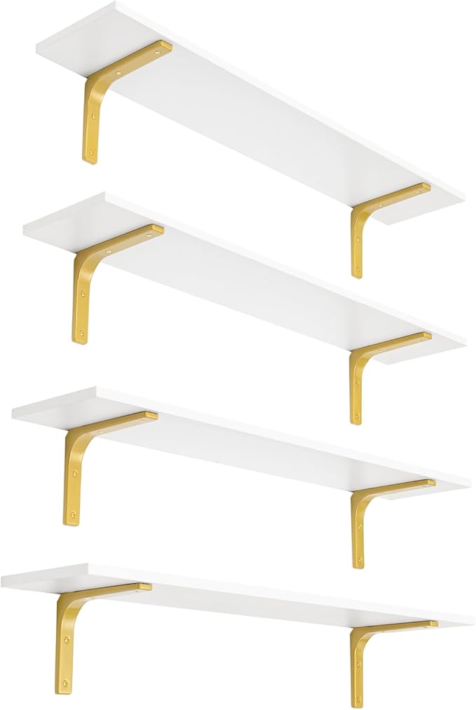 DINZI LVJ Long Wall Shelves, 31.5" Wall Mounted Shelves Set of 4, Large Floating Shelves with Metal Brackets, for Living Room, Bathroom, Bedroom, Kitchen, White and Gold