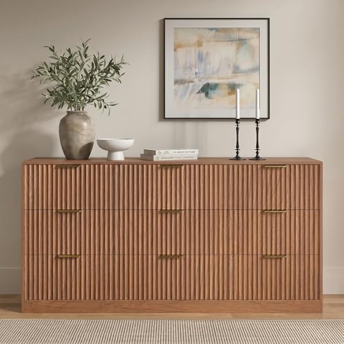 9 Drawer Dresser for Bedroom, 63" Wide Modern Fluted Chest of Drawers, Wooden Dresser with Gold Metal Handles, Mid Century Large Dresser TV Stand for Living Room Hallway Light Walnut
