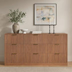 9 Drawer Dresser for Bedroom, 63" Wide Modern Fluted Chest of Drawers, Wooden Dresser with Gold Metal Handles, Mid Century Large Dresser TV Stand for Living Room Hallway Light Walnut
