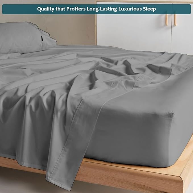 XL Twin Sheets Set - Luxury 338 Thread Count 100% Egyptian Cotton Sateen, Twin XL Sheet Set with All Around Elastic for a, Hotel Quality Bedding (Light Grey Solid)