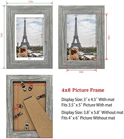 Hongkee 4x6 Picture Frame Set of 4, Made of Real Glass and Grey Wooden Frame, 4 by 6 Photo for Wall or Tabletop - Display Picture 3.5x5 with Mat or 4x6 Without Mat