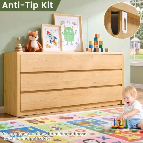 Modern 9 Drawers Dresser for Bedroom, 63” Wide Large Dressers & Chest of Drawers, Front Rounded Corner Handleless Design, Storage Dressers Organizer for Hallway, Living Room, Natural Color