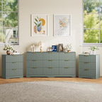 9 Drawer Dresser and Nightstand Sets for Bedroom, Modern Fluted 3 Pcs Bedroom Dresser Furniture Sets, Wood Chest of Drawers and Nightstand Set of 2 with Metal Handles, Green