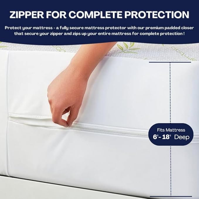 Bamboo Cooling Mattress Protector with Zipper - 100% Waterproof Twin Size Mattress Cover - Ultra Soft Jacquard Fabric Breathable Noiseless Mattress Pad Covers - Zippered Mattress Encasement
