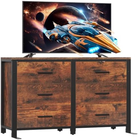 Rustic Brown Dresser for Bedroom, Wide Wood Dressers Furniture with 6 Wooden Drawer and Metal Frame, TV Stand with Deep Drawer (Rustic Brown)