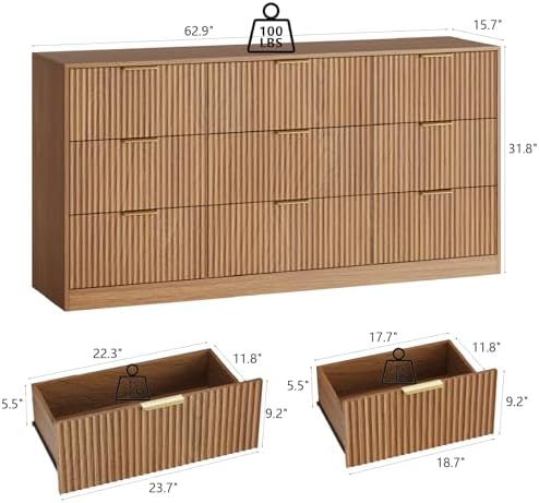 Natural Wood Dresser with 9 Drawer 63" Wide Fluted Dresser for Bedroom丨Long Dresser Modern Chest of Drawers with Gold Handle, Wood TV Stand Storage Organizer for Bedroom, Living Room, Natural Wood
