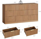 Natural Wood Dresser with 9 Drawer 63" Wide Fluted Dresser for Bedroom丨Long Dresser Modern Chest of Drawers with Gold Handle, Wood TV Stand Storage Organizer for Bedroom, Living Room, Natural Wood