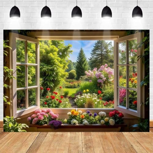 Spring Summer Garden Window Backdrop for Photography Floral Nature Landscape Photo Background Flowers and Trees Vibrant Flowers Party Decorations Banner Wedding Baby Shower Party Supplies 7x5ft - size: 7x5ft