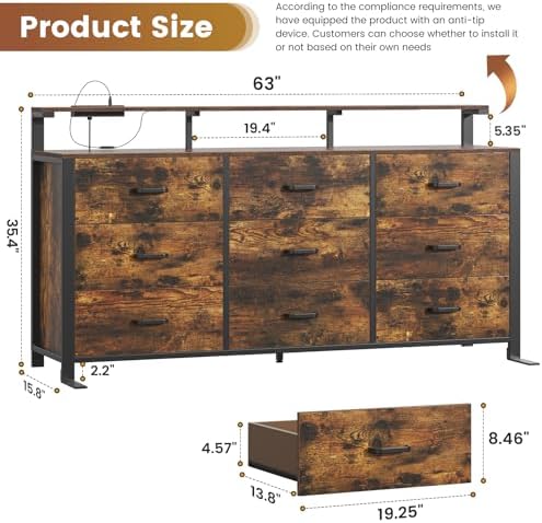 63'' Rustic Brown Dresser for Bedroom, 9 Drawer Dresser with Power Outlet and Led Lights, Bedroom Furniture with Wooden Drawer and Metal Frame, TV Stand with Deep Drawer Storage