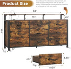 63'' Rustic Brown Dresser for Bedroom, 9 Drawer Dresser with Power Outlet and Led Lights, Bedroom Furniture with Wooden Drawer and Metal Frame, TV Stand with Deep Drawer Storage