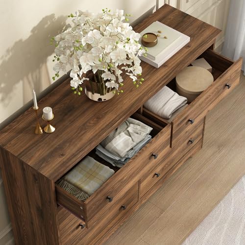 Dresser for Bedroom, 8 Drawer Dresser with Large Drawers, 51 Inch Wide Wood Chest for Living Room, Hallway, Walnut