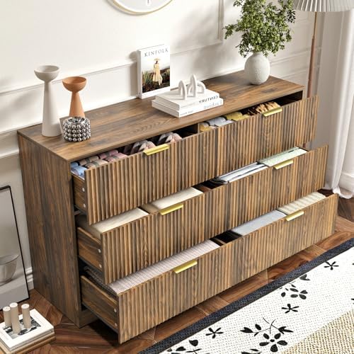 Walnut 6 Drawer Dresser for Bedroom, 55'' Wide Wood Chest of Drawers, Modern Fluted Bedroom Dressers with Drawers, Large Dresser TV Stand Mid Century Double Dresser for Living Room, Hallway