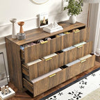 Walnut 6 Drawer Dresser for Bedroom, 55'' Wide Wood Chest of Drawers, Modern Fluted Bedroom Dressers with Drawers, Large Dresser TV Stand Mid Century Double Dresser for Living Room, Hallway