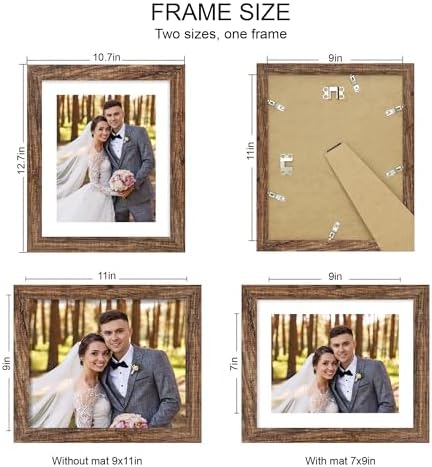 Hongkee 9x11 Picture Frame Set of 4, Made of Real Glass and Rustic Brown Frame - Display Picture 7x9 with Mat or 9x11 Without Mat, 9 by 11 Photo for Wall or Tabletop