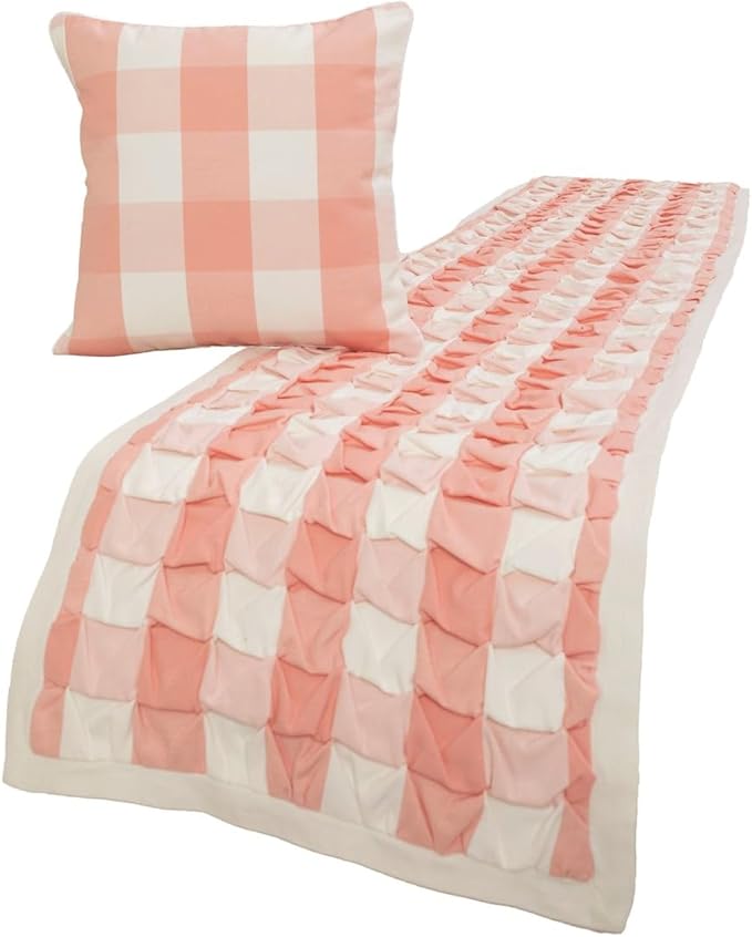 The HomeCentric King/Queen/Twin Peach Pink Decorative CA King 86"x18" Bed Runner with Pillow Cover, Textured & Buffalo Checks Bed Scarf on Cotton Fabric - Buffalo Plaid Peach