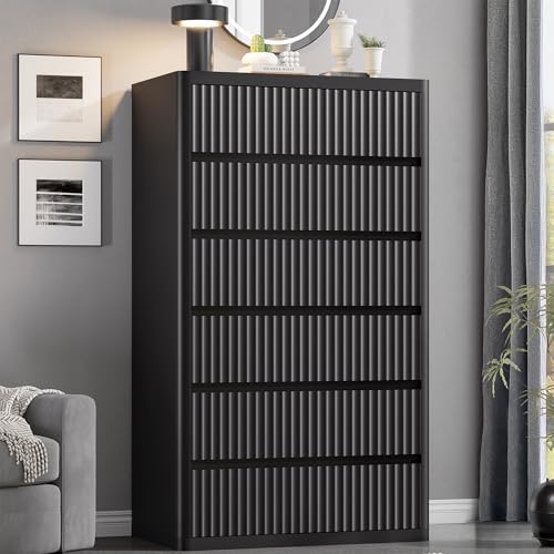 Standifurno Black 56" Tall Dresser for Bedroom, Fluted Modern 6 Drawers Deep Dressers, Wood Chest of Drawers with Handleless, Curved Profil Storage Closet Dressers for Bedroom, Living Room, Hallway
