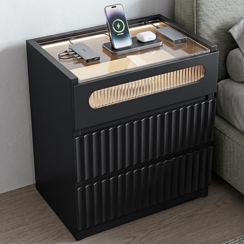 Modern Nightstand with Charging Station,Fluted 3 Drawers Bedside,Black
