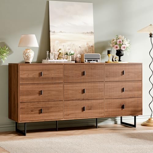 Chrangmay Modern Chest of Drawers with 9 Drawers,Deep Drawers,Clothes Organizer,Large Storage Cabinet for Living Room, Bedroom,Hallway,with Anti-Tipping Device, Caramel