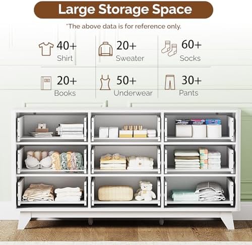 Bonnlo Fluted Dresser, 57" Wide Dresser Wood, Large 9 Drawer Dressers for Bedroom with Metal Handle, Wooden Dresser TV Stand, White