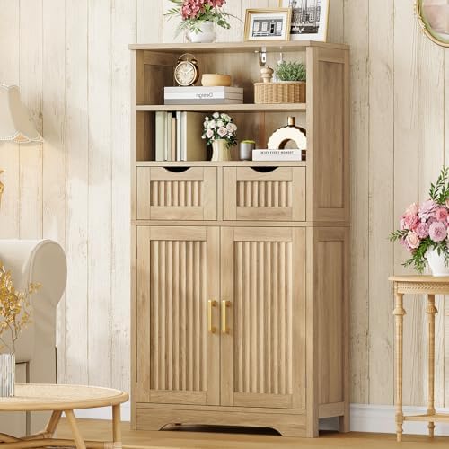 Iwell Tall Storage Cabinet, Fluted Cabinet with 2 Drawers & Adjustable Shelf, Bathroom Storage Cabinet, Kitchen Pantry Storage Cabinet, for Living Room, Dining Room, Home Office, Natural Oak