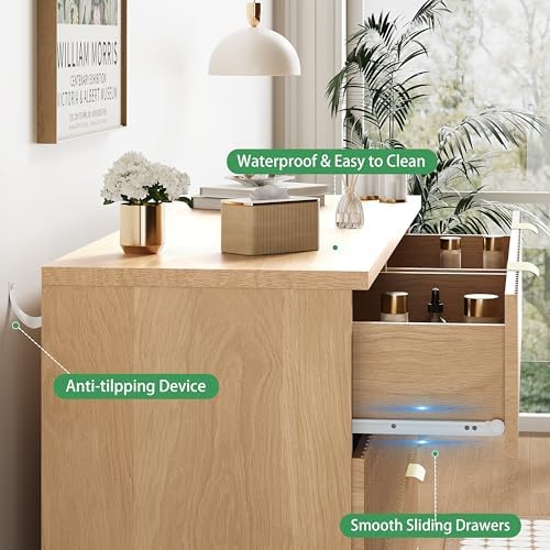 Fluted Dresser for Bedroom with 10 Drawers, 48" Wide Modern Chest of Drawers with Metal Handle, Wooden Dresser TV Stand, Wood Closet Clothes Storage Organizer for Living Room, Hallway, Natural Oak