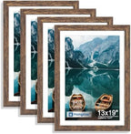 Hongkee 13x19 Picture Frame Set of 4, 13 x 19 Rustic Brown Wood(Mat 11x17)