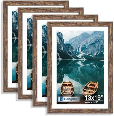 Hongkee 13x19 Picture Frame Set of 4, 13 x 19 Rustic Brown Wood(Mat 11x17)