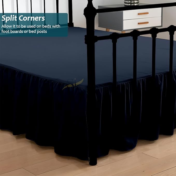 Shreem Linen Ruffled Bed Skirt with Split Corners, Gathered Style, 100% Microfiber, 8-Inch Drop, Dust Ruffle Bedskirt with Platform, Full, Navy Blue