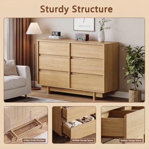 HOUROM Oak Dresser for Bedroom, 47in Modern 6 Drawer Chest of Drawers