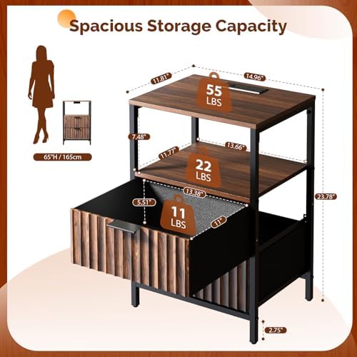 VINGLI Walnut Nightstand with Charging Station and Fabric Drawers, Fluted Nightstand with Drawers, Bedside Table/End Table with Charger Station, Side Table Bedroom, Small Night Stand Dark Walnut
