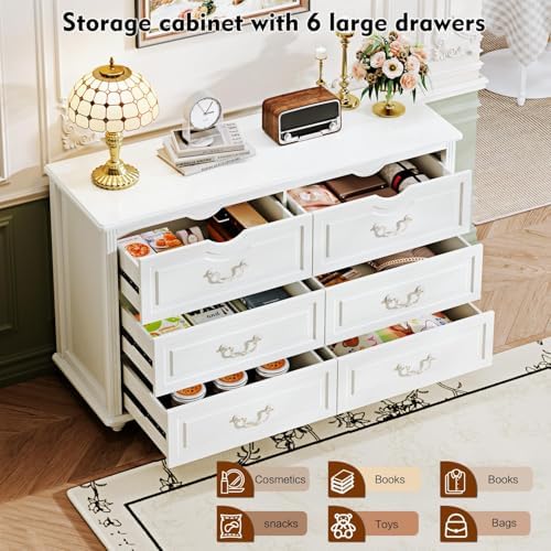 Chrangmay Modern 6 Drawers Dresser Chests for Bedroom,TV Stand,47.2 Wide Chest of Drawers with Handle,Clothes Organizer,Large Storage Cabinet for Living Room,Hallway,with Anti-Tipping Device,Cream