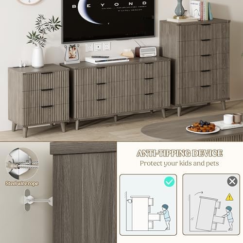 Wood Tall 6 Drawers Dresser, 53.2" W Fluted Modern Dressers for Bedroom