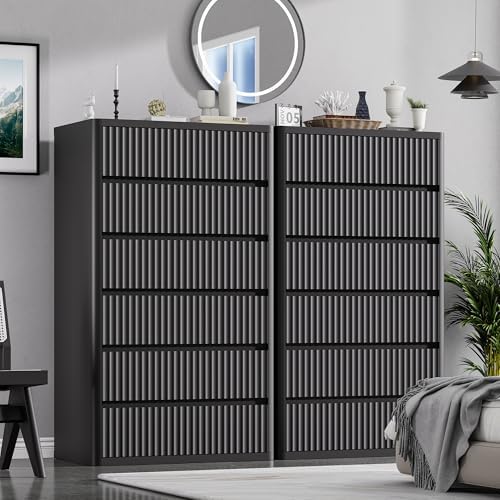 Standifurno Black 56" Tall Dresser for Bedroom, Fluted Modern 6 Drawers Deep Dressers, Wood Chest of Drawers with Handleless, Curved Profil Storage Closet Dressers for Bedroom, Living Room, Hallway
