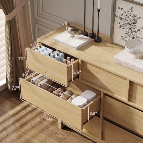 7 Drawer Oak Dresser for Bedroom, 51.5" Wide Mid Century Modern Dresser