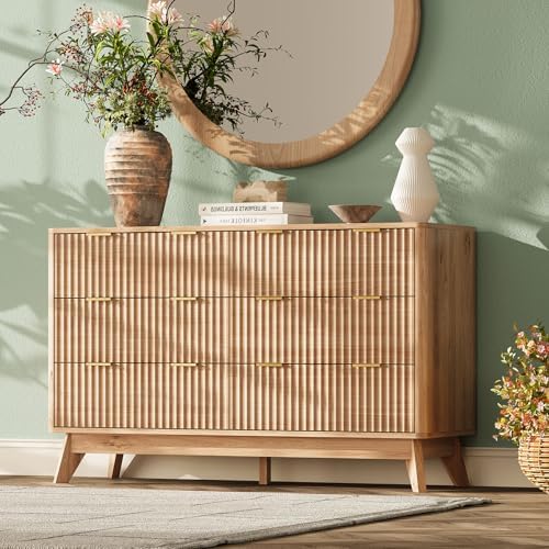 47" Wide Fluted 6 Drawers Dresser for Bedroom,Curved Edge,Oak
