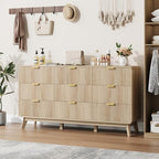 QUW Fluted 59.1" Wide Modern Dresser for Bedroom with 9 Drawers, Tall Chest of Drawers with Metal Handle, Wooden Dresser TV Stand, Hallway, Living Room, Natural Oak