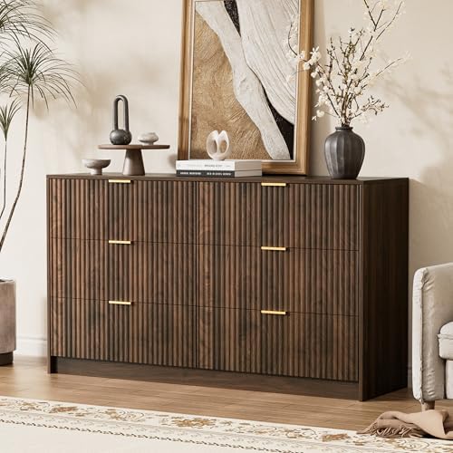 Furniway Walnut Dresser for Bedroom, Modern Dresser with 6 Drawers and Smooth Slides, Wide Chest of Drawers with Golden Handles for Bedroom, Living Room, Closet, 15.7" D x 55.1" W x 31.4" H