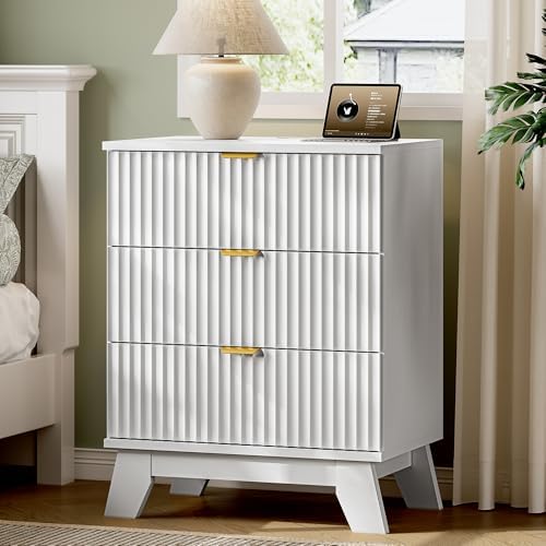 Xixini Fluted Nightstand with Charging Station, Tall Bedside Table, White