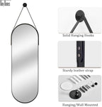 48"x16" Hanging Mirror Full Length with Leather Strap,Oval Full Length Mirror Wall-Mounted Hanging Mirrors for Bathroom Vanity Living Room Bedroom Entryway Décor, Black