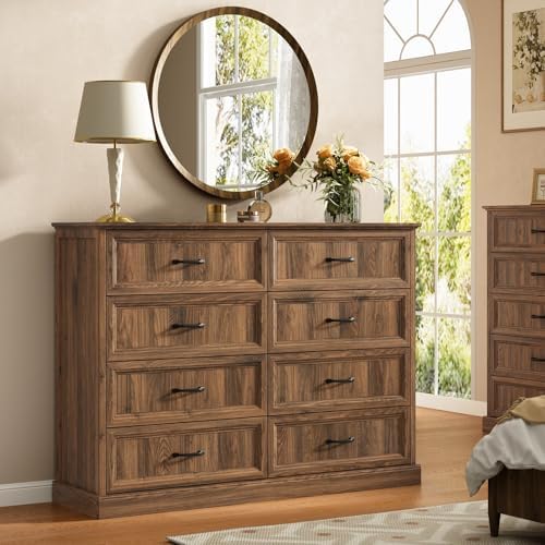 Farmhouse 8 Drawer Dresser for Bedroom, 55" Walnut Dresser with TV Stand