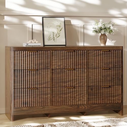 Fluted 9 Drawer Dresser for Bedroom, 59" Horizontal Wide Modern Low Profile Chest of Drawers with Metal Handle & Storage, Long Wooden Dresser TV Stand for Living Room & Closet, Walnut Brown Dresser